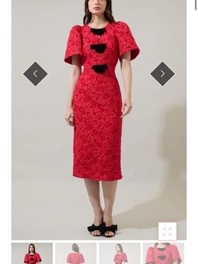 Red Textured Midi Dress with Black Bow Accents